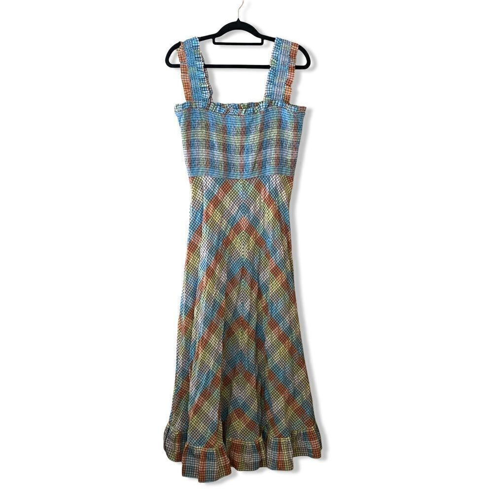 GANNI SEERSUCKER CHECK SLEEVELESS MIDI DRESS smocked cotton summer 42 L - Picture 11 of 14